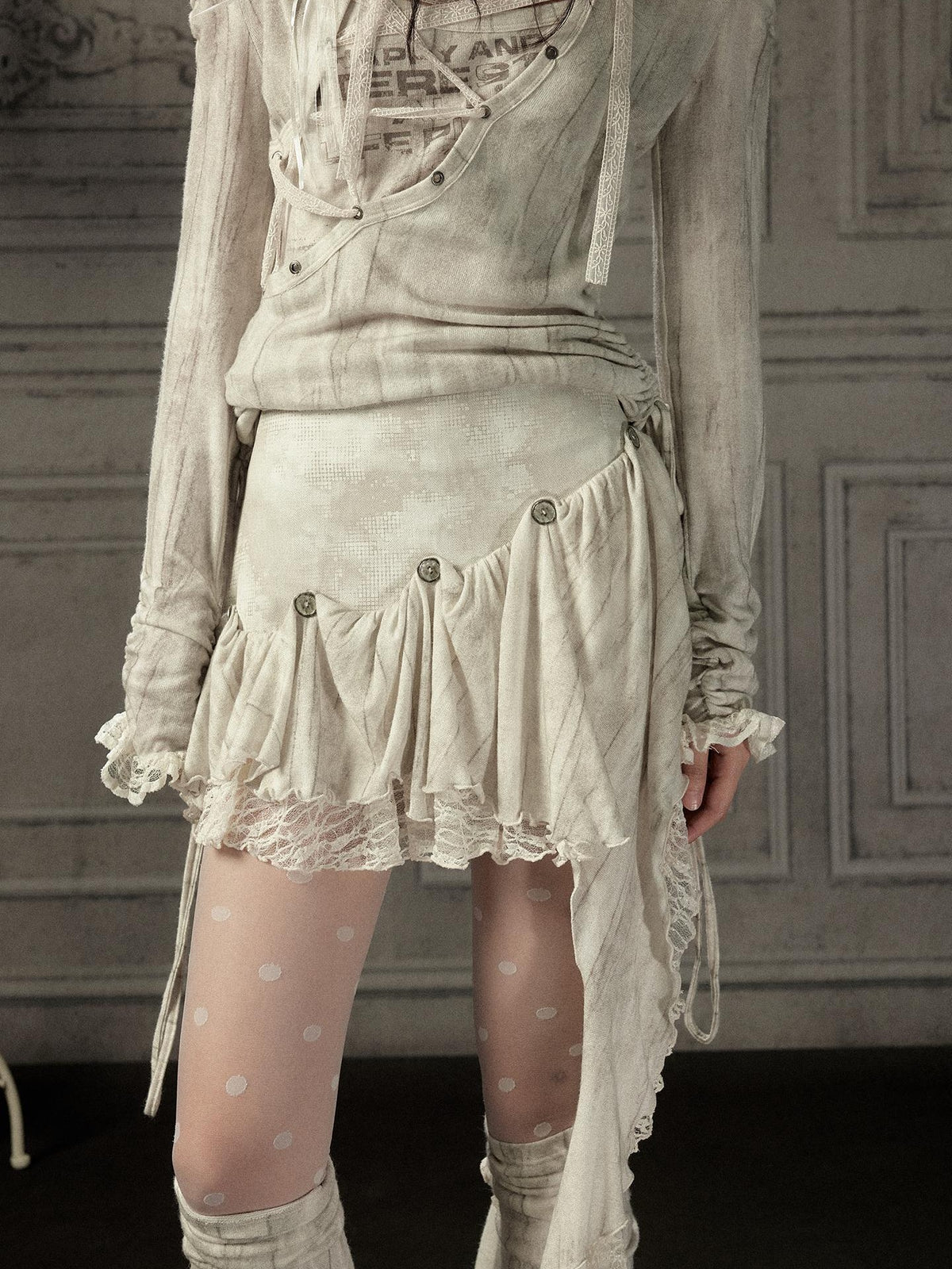 ALL iN plan Beige Asymmetric Button Lace Panel Women&