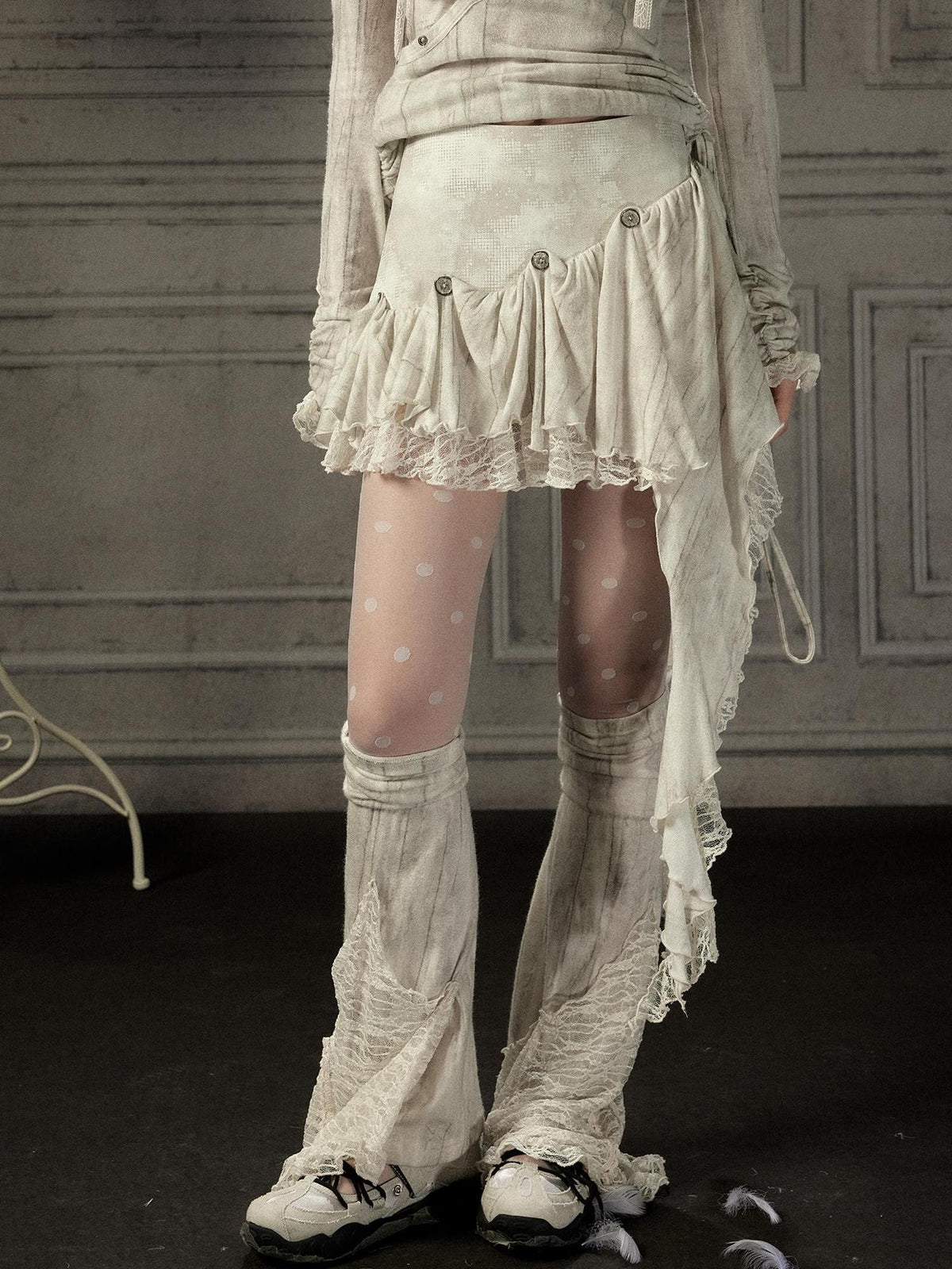 ALL iN plan Beige Asymmetric Button Lace Panel Women&