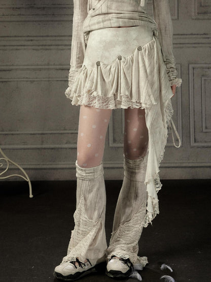 ALL iN plan Beige Asymmetric Button Lace Panel Women&