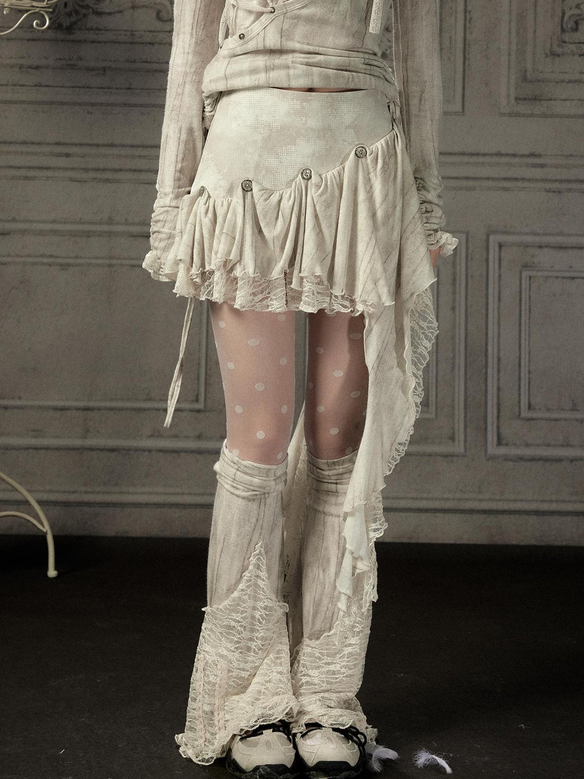 ALL iN plan Beige Asymmetric Button Lace Panel Women&