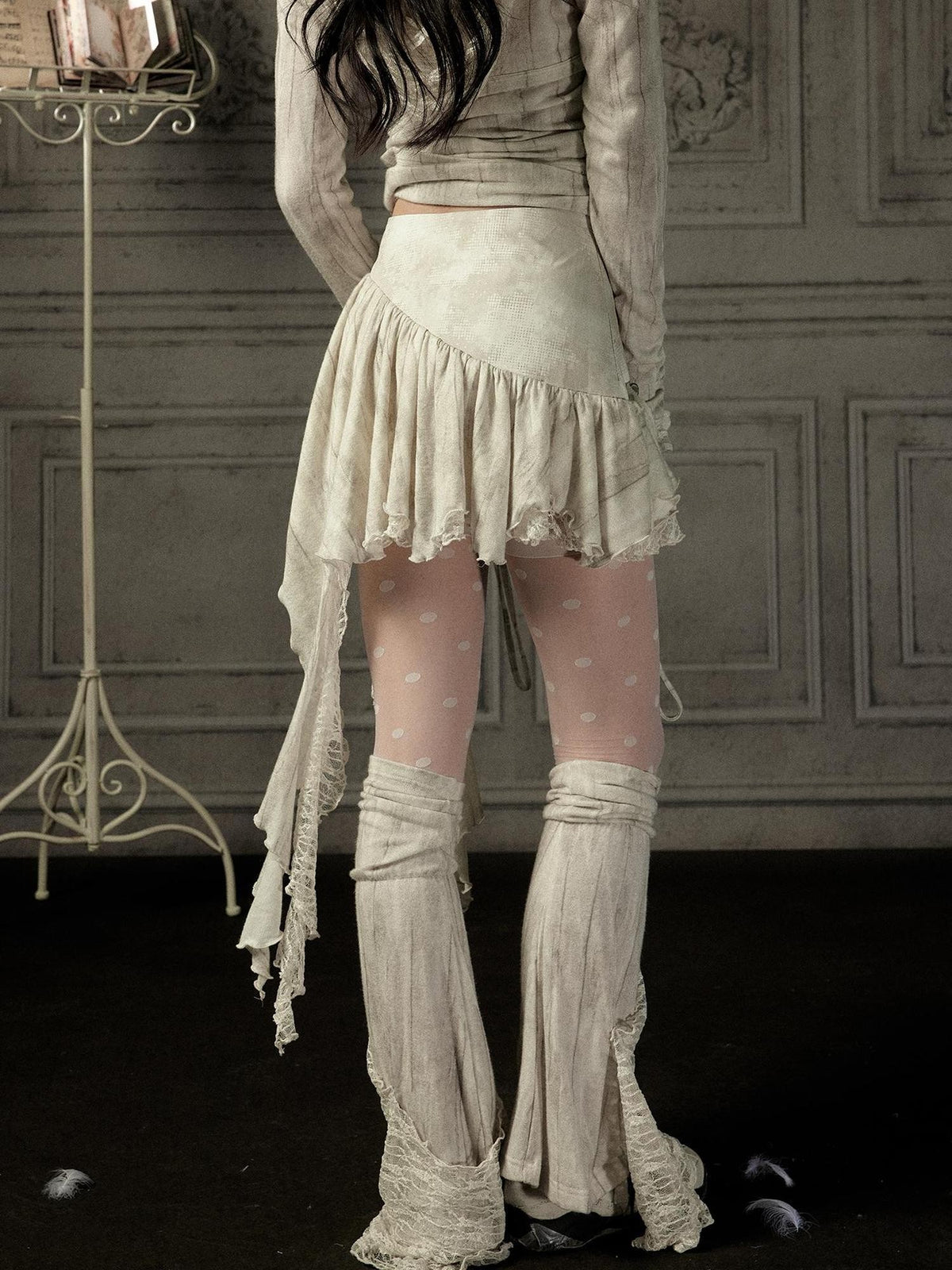 ALL iN plan Beige Asymmetric Button Lace Panel Women&