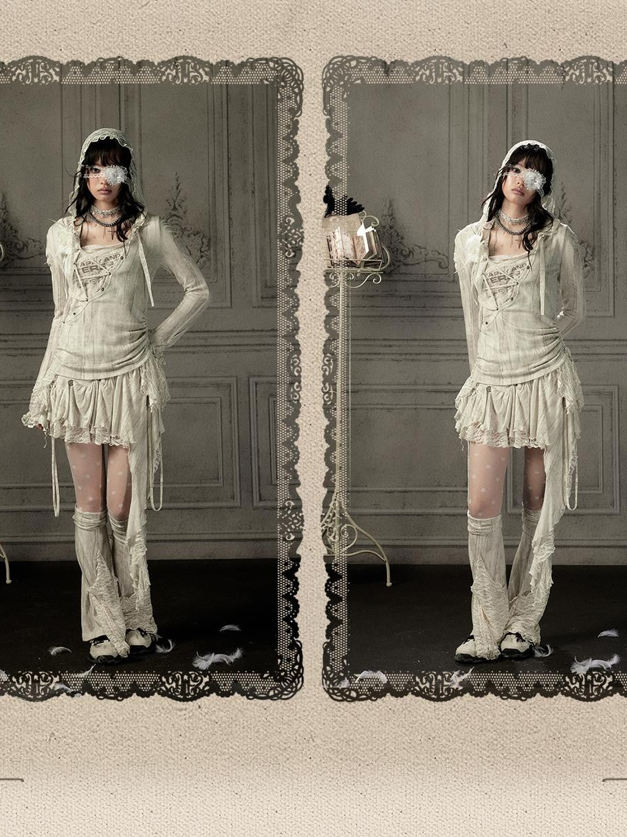 ALL iN plan Beige Asymmetric Button Lace Panel Women&