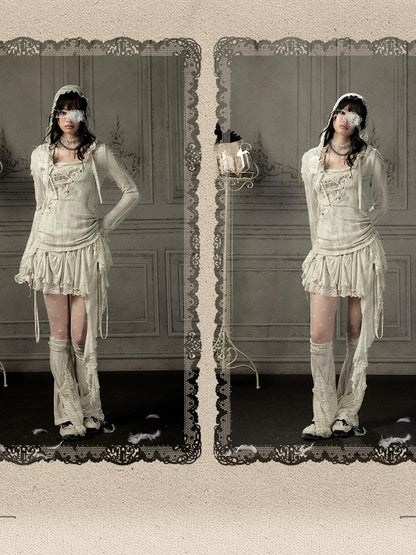 ALL iN plan Beige Asymmetric Button Lace Panel Women&