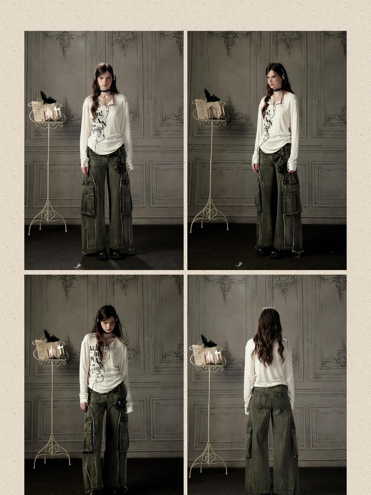 ALL iN plan Beige Crewneck Print Loose Fit Women&