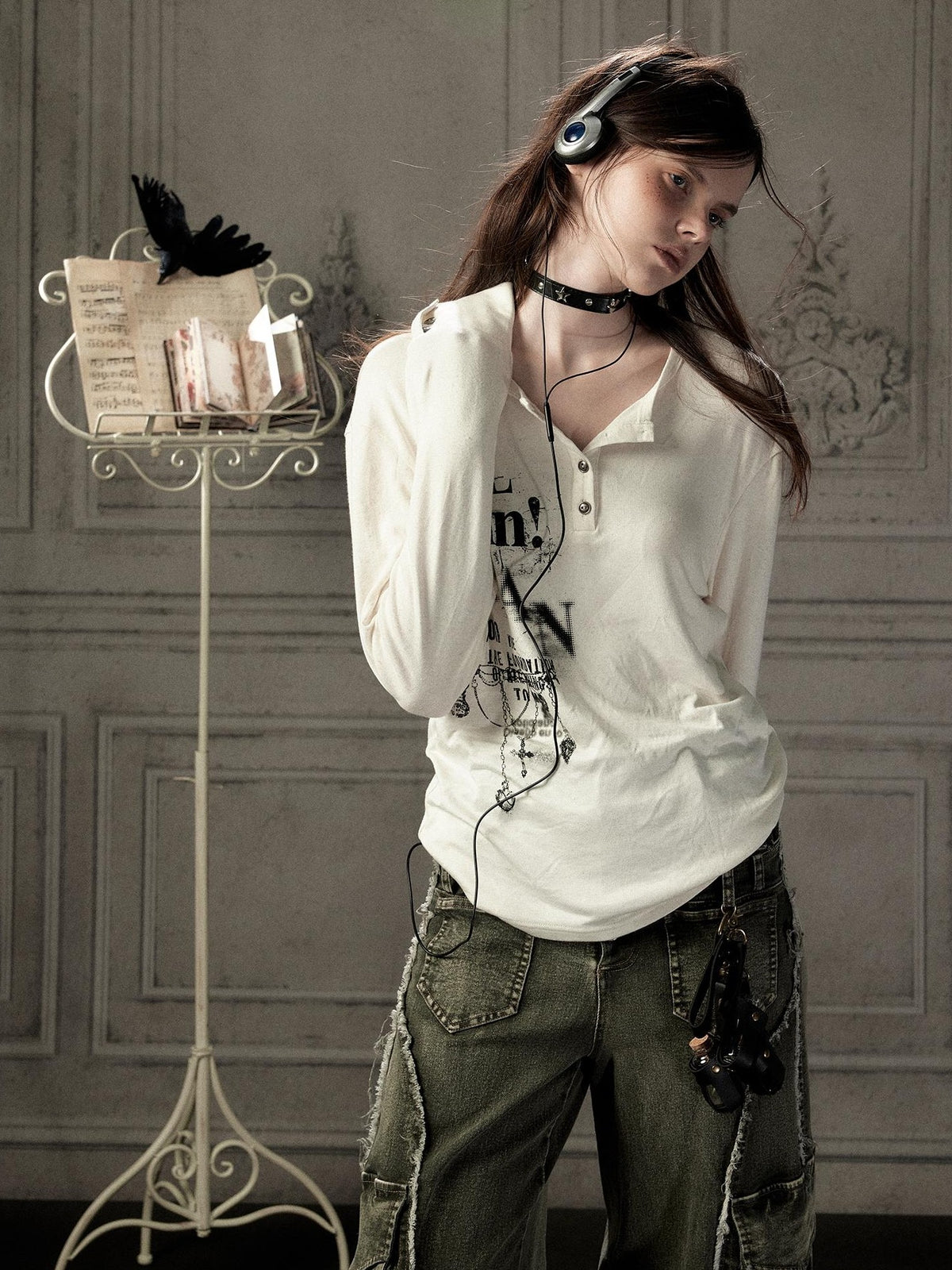ALL iN plan Beige Crewneck Print Loose Fit Women&