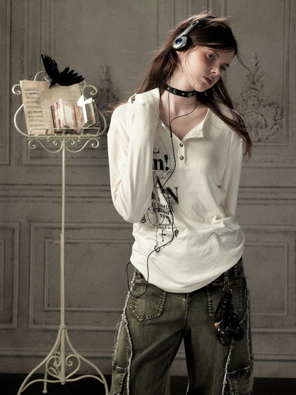 ALL iN plan Beige Crewneck Print Loose Fit Women&