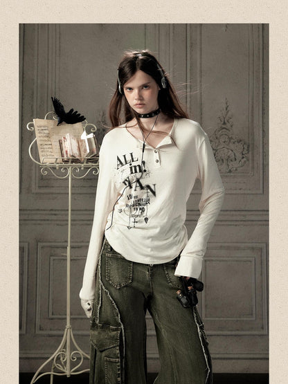 ALL iN plan Beige Crewneck Print Loose Fit Women&