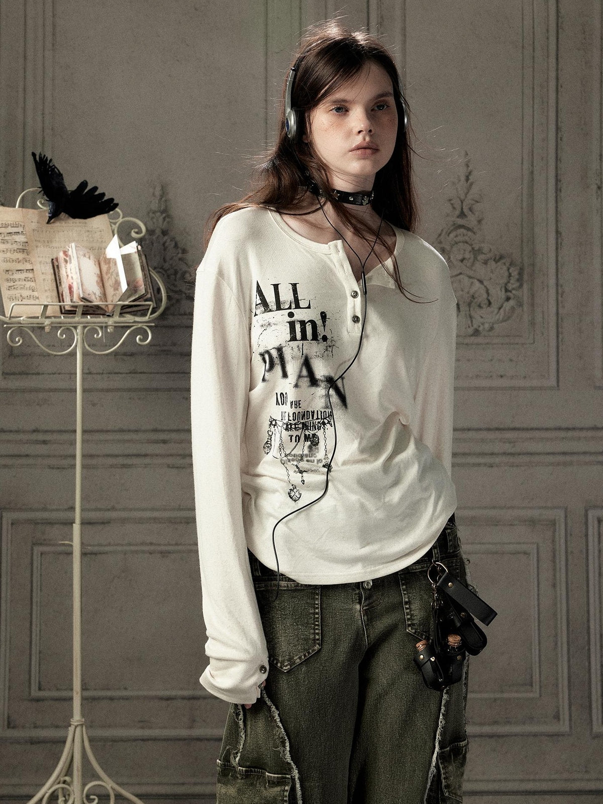 ALL iN plan Beige Crewneck Print Loose Fit Women&