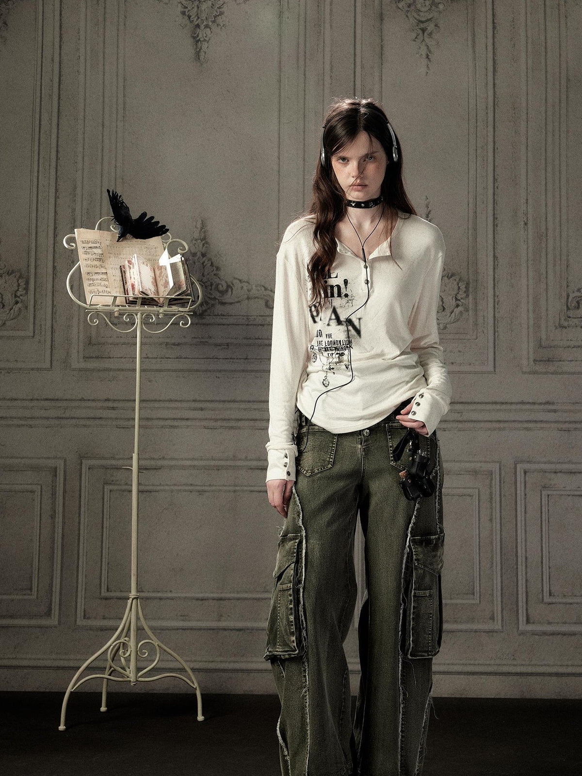 ALL iN plan Beige Crewneck Print Loose Fit Women&