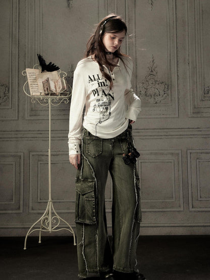 ALL iN plan Beige Crewneck Print Loose Fit Women&