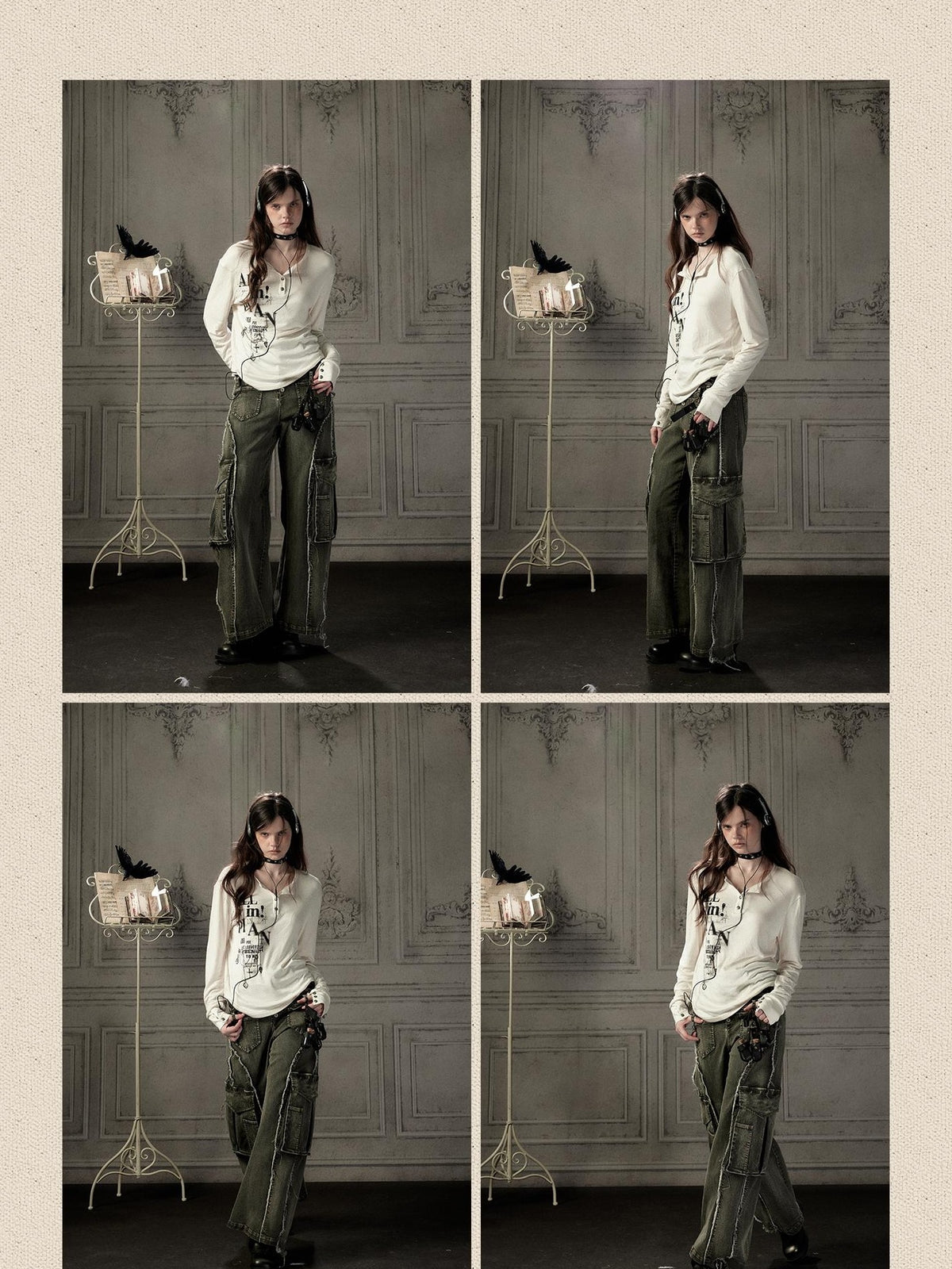 ALL iN plan Beige Crewneck Print Loose Fit Women&
