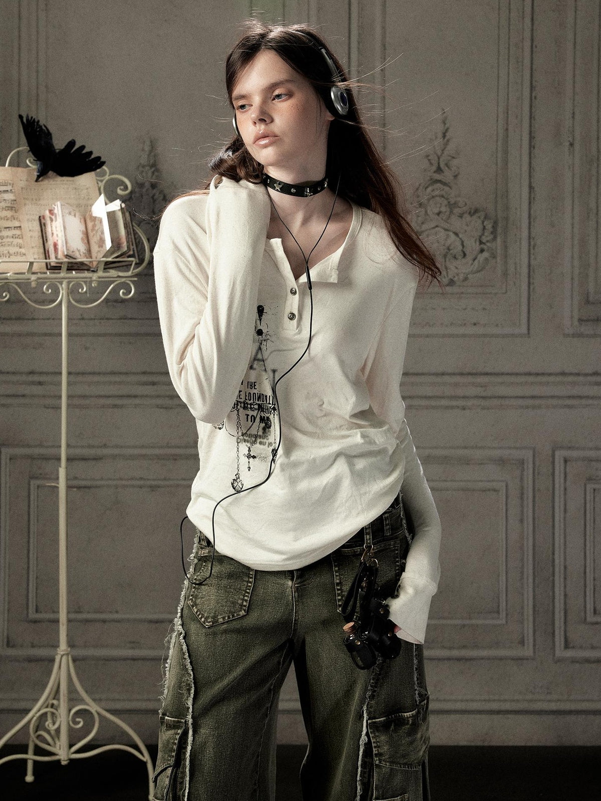 ALL iN plan Beige Crewneck Print Loose Fit Women&