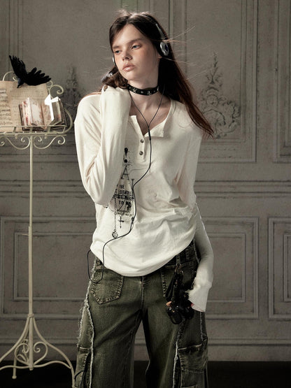 ALL iN plan Beige Crewneck Print Loose Fit Women&