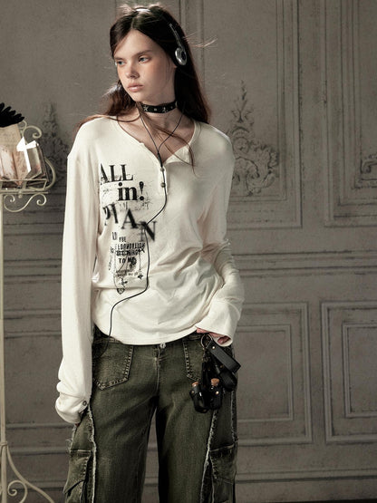 ALL iN plan Beige Crewneck Print Loose Fit Women&