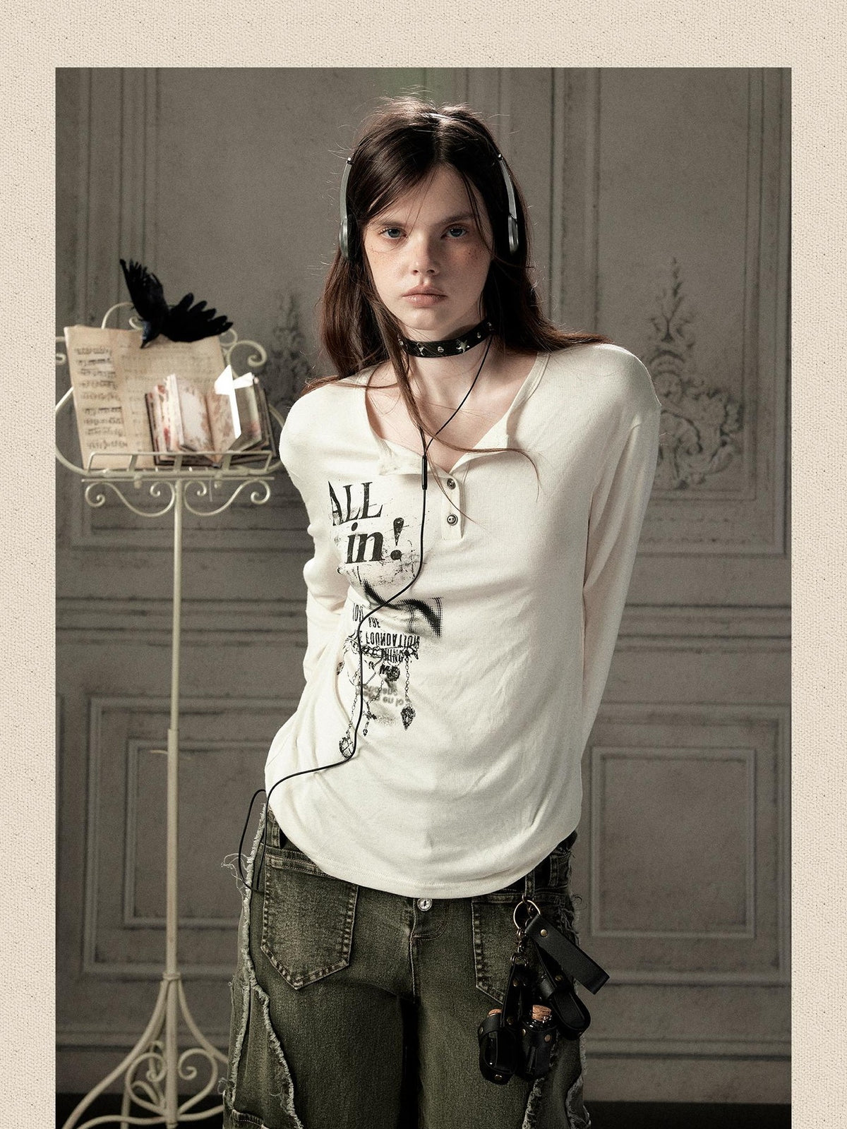 ALL iN plan Beige Crewneck Print Loose Fit Women&