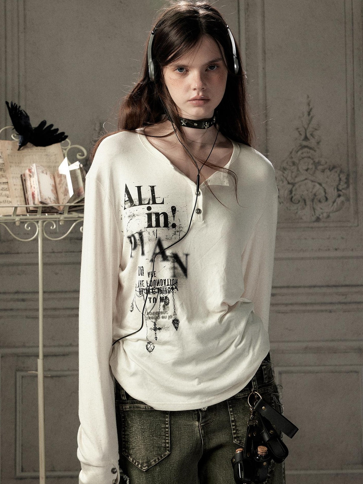 ALL iN plan Beige Crewneck Print Loose Fit Women&