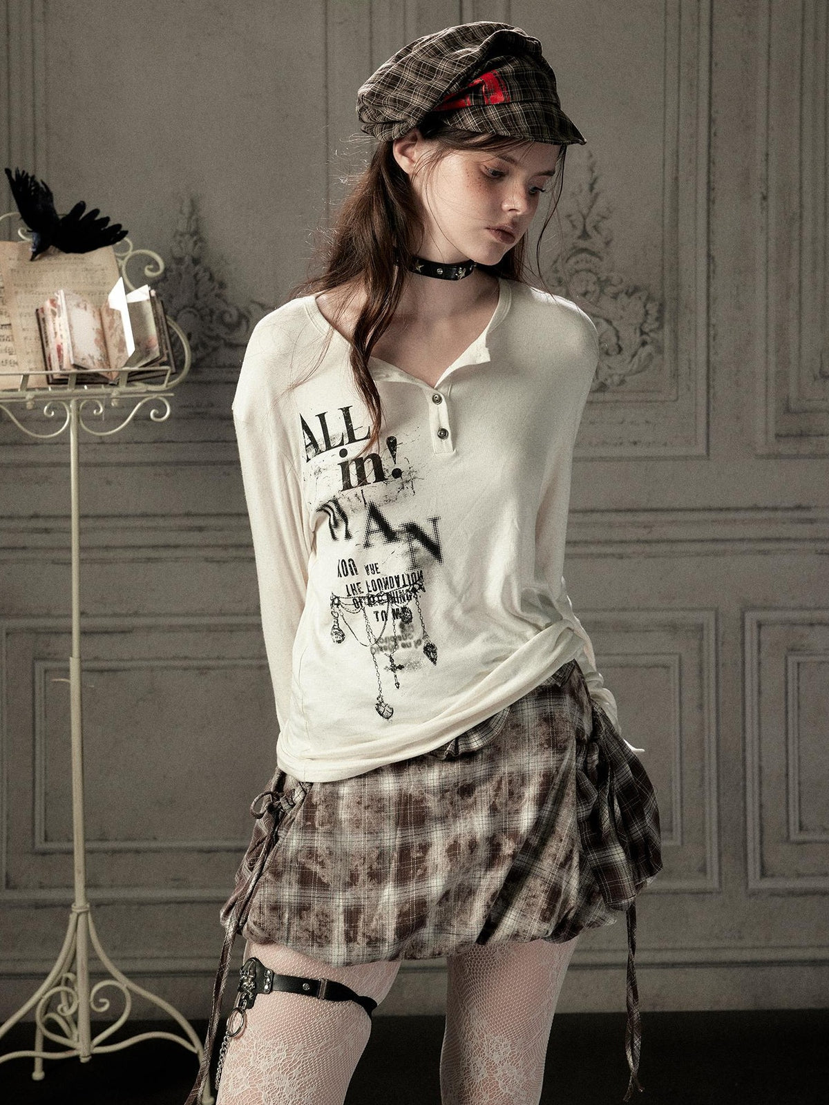 ALL iN plan Beige Crewneck Print Loose Fit Women&