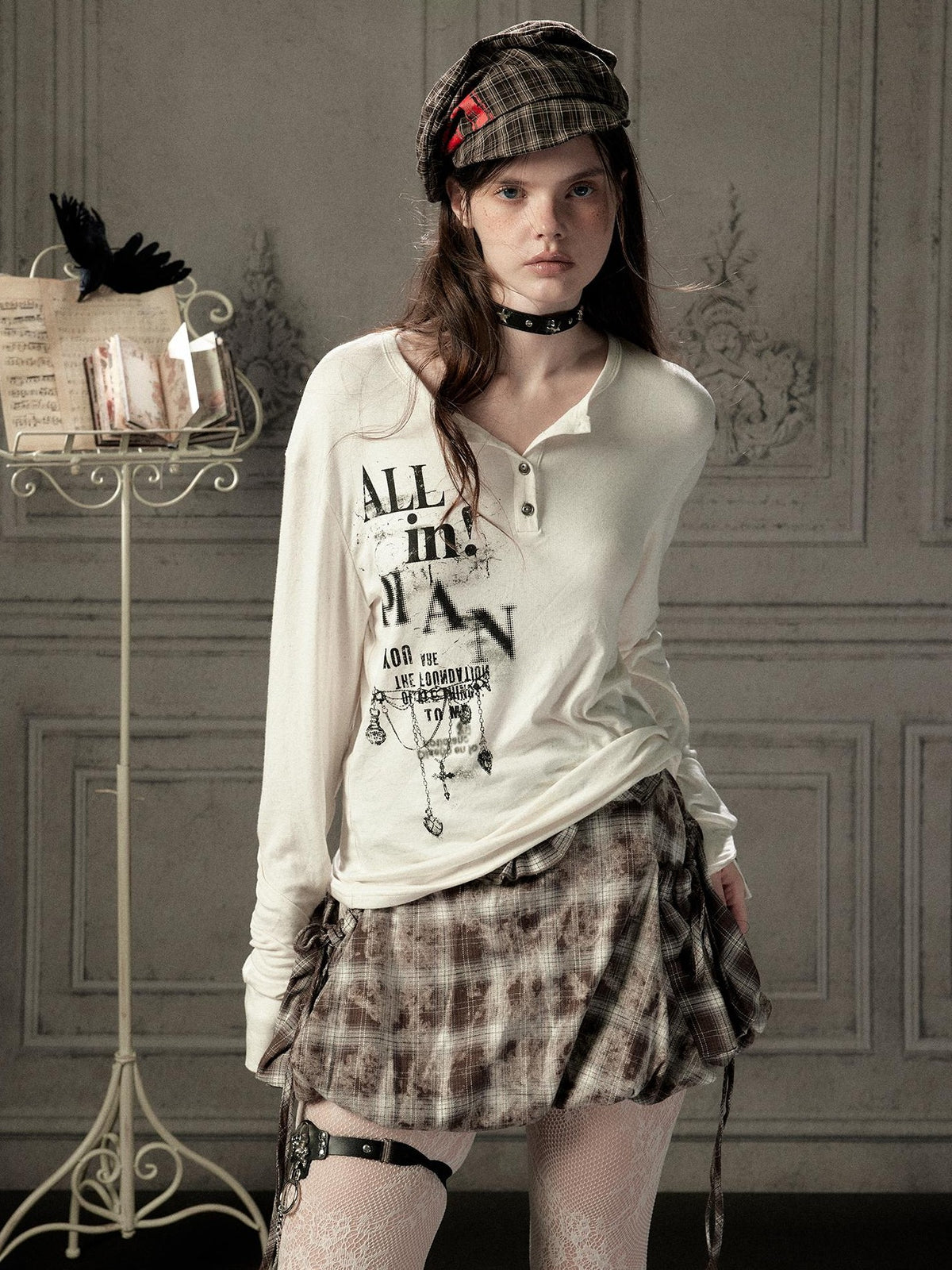 ALL iN plan Beige Crewneck Print Loose Fit Women&