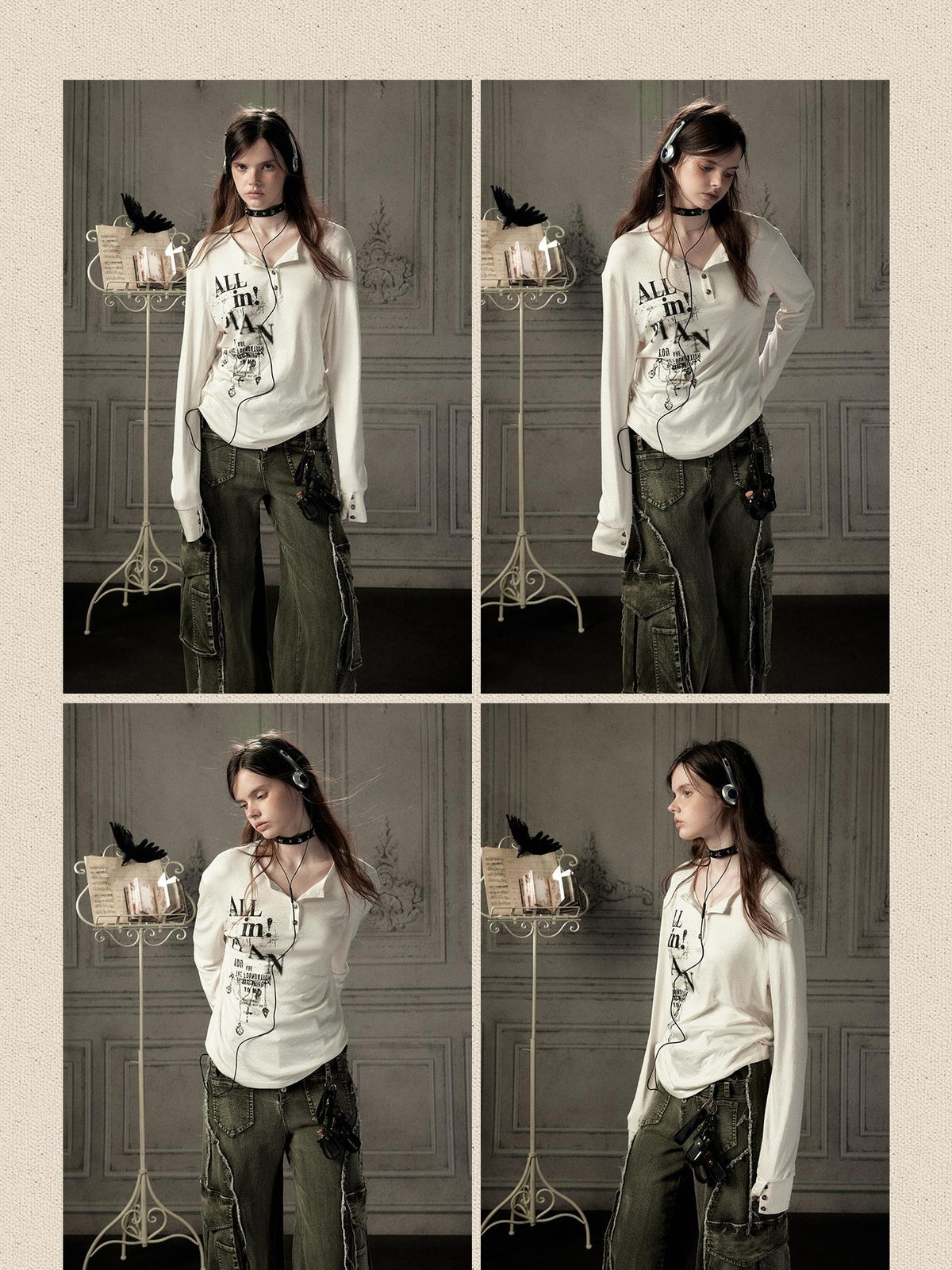 ALL iN plan Beige Crewneck Print Loose Fit Women&