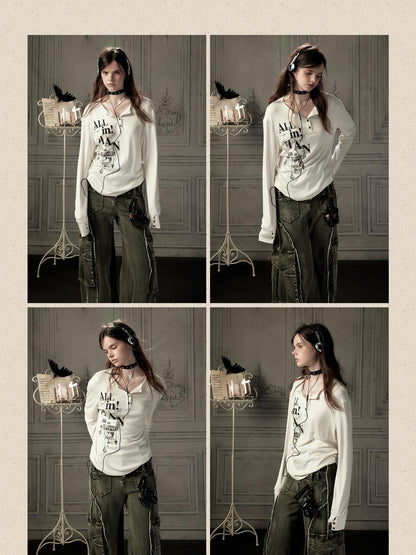 ALL iN plan Beige Crewneck Print Loose Fit Women&