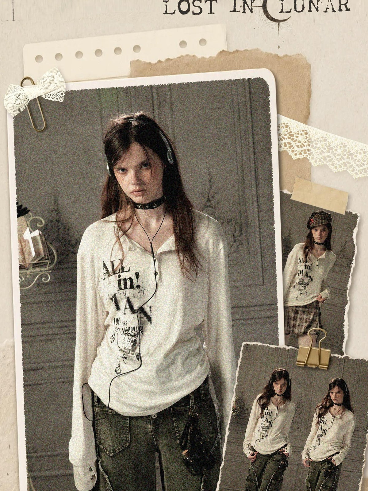 ALL iN plan Beige Crewneck Print Loose Fit Women&