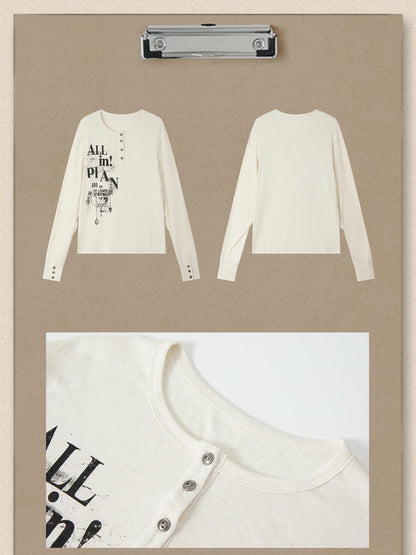 ALL iN plan Beige Crewneck Print Loose Fit Women&