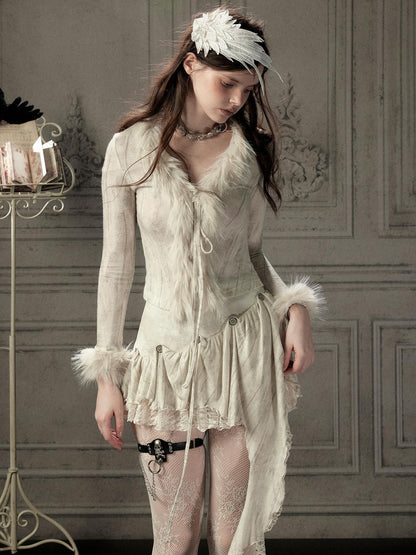 ALL iN plan Beige Faux Fur Collar Cropped Slim Fit Women&