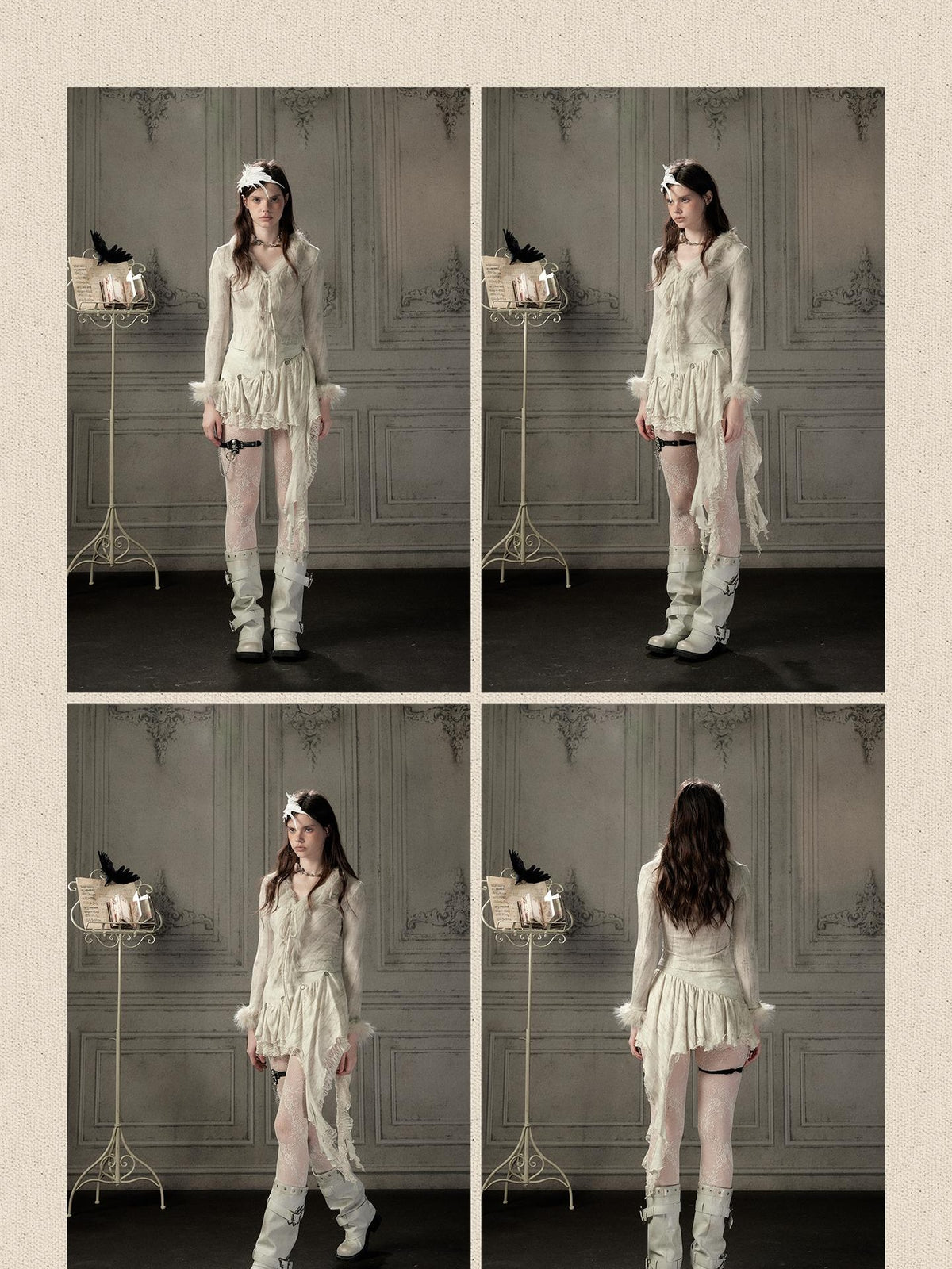 ALL iN plan Beige Faux Fur Collar Cropped Slim Fit Women&