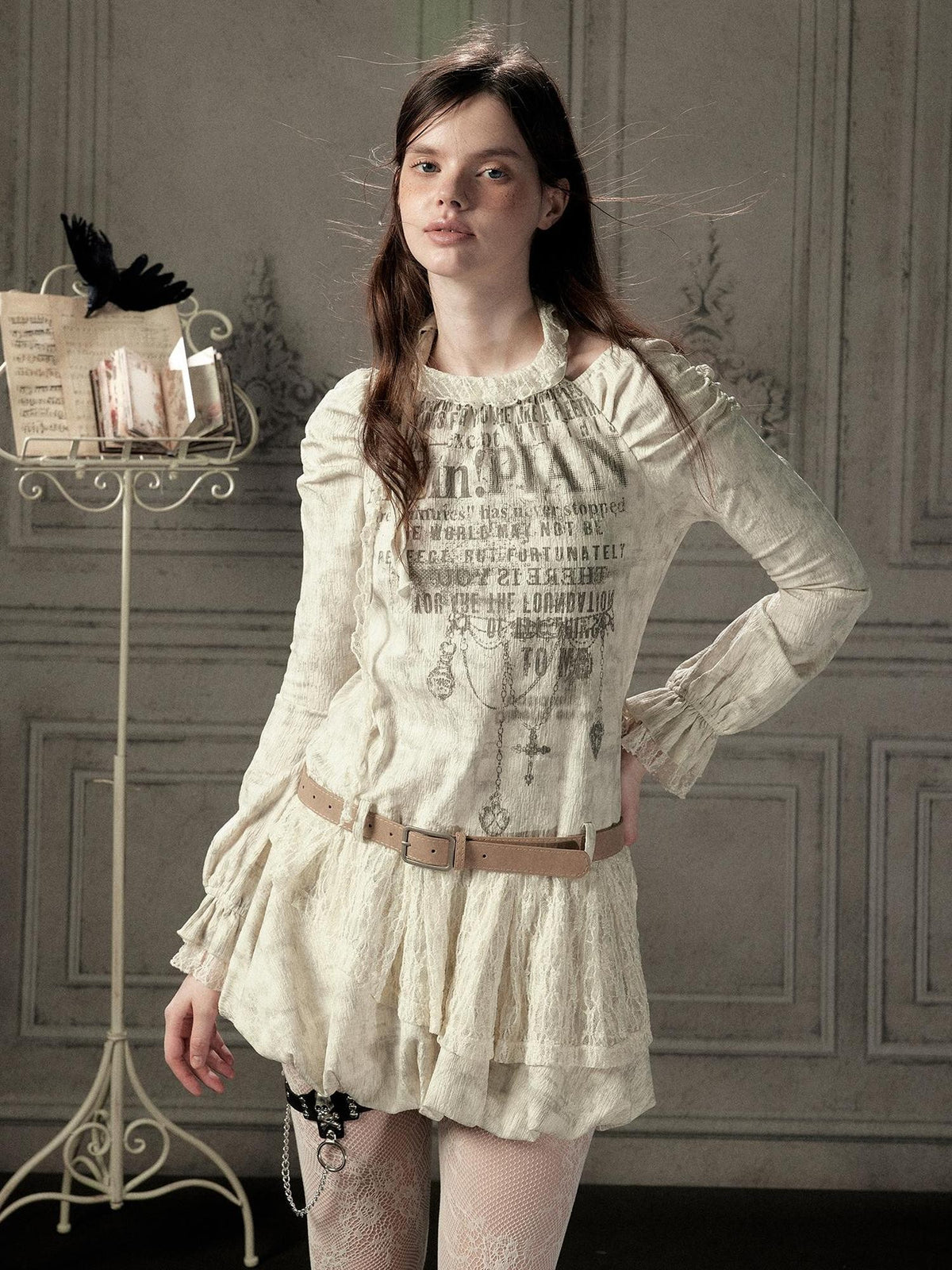 ALL iN plan Beige Halter Lace Spliced Long Sleeve Women&