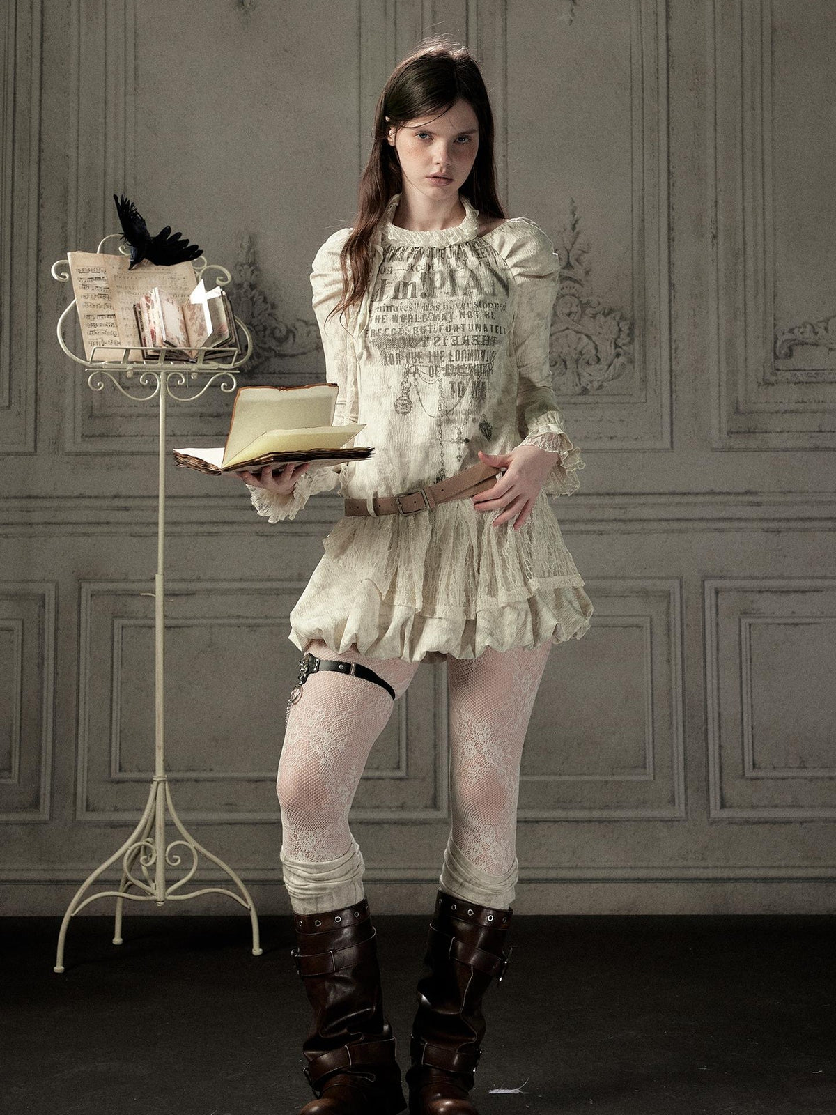 ALL iN plan Beige Halter Lace Spliced Long Sleeve Women&