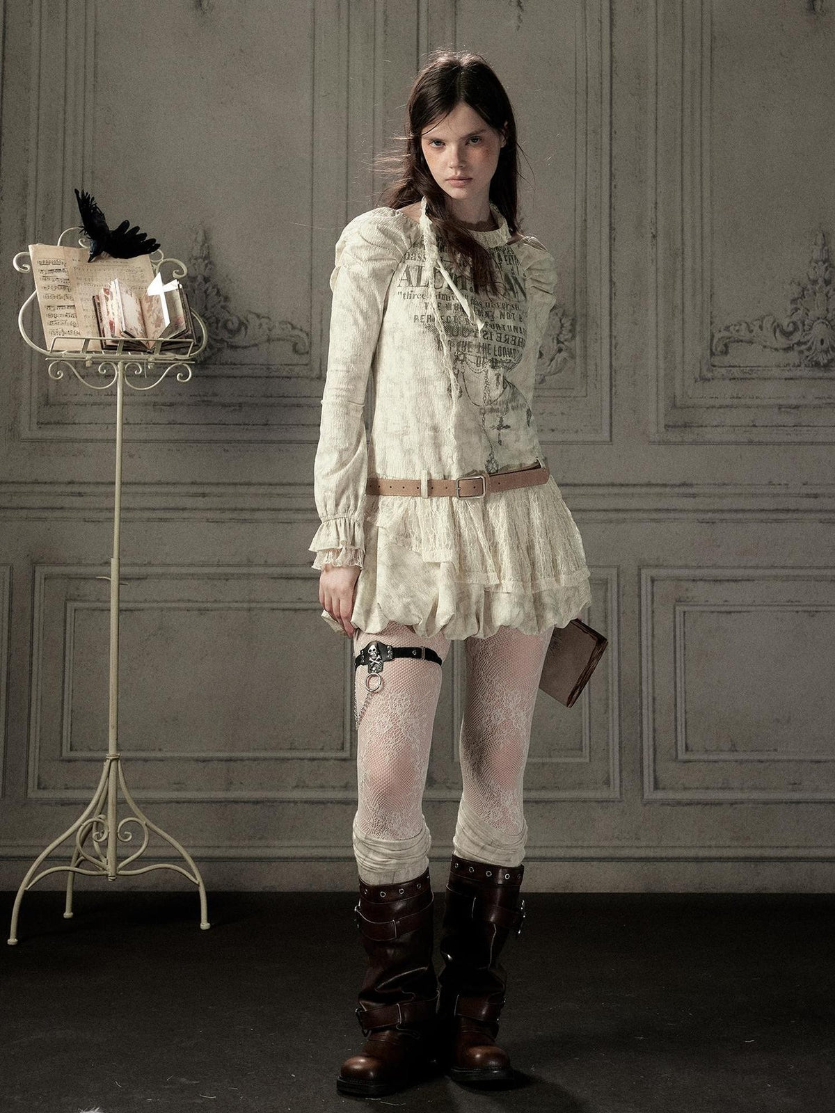 ALL iN plan Beige Halter Lace Spliced Long Sleeve Women&
