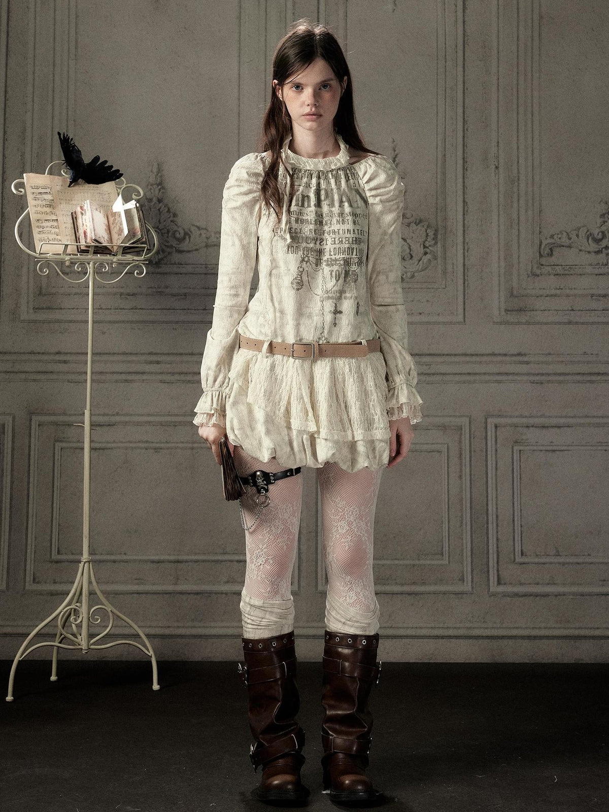 ALL iN plan Beige Halter Lace Spliced Long Sleeve Women&