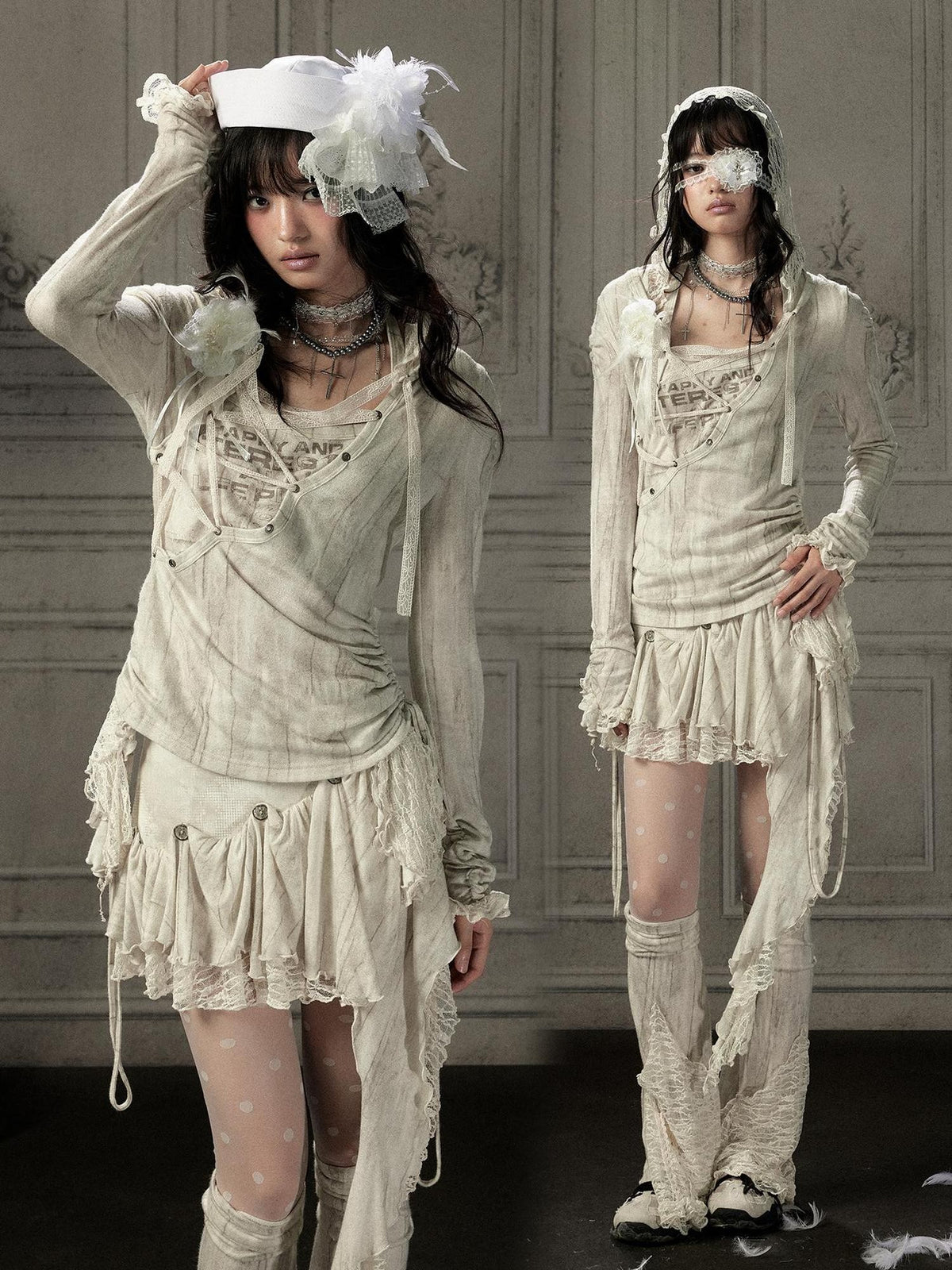 ALL iN plan Beige Lace Spliced Tie Front Women&