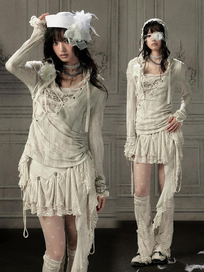 ALL iN plan Beige Lace Spliced Tie Front Women&