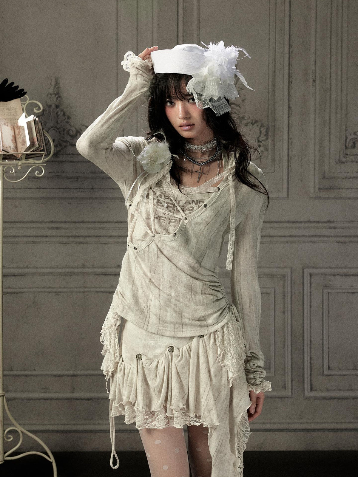 ALL iN plan Beige Lace Spliced Tie Front Women&
