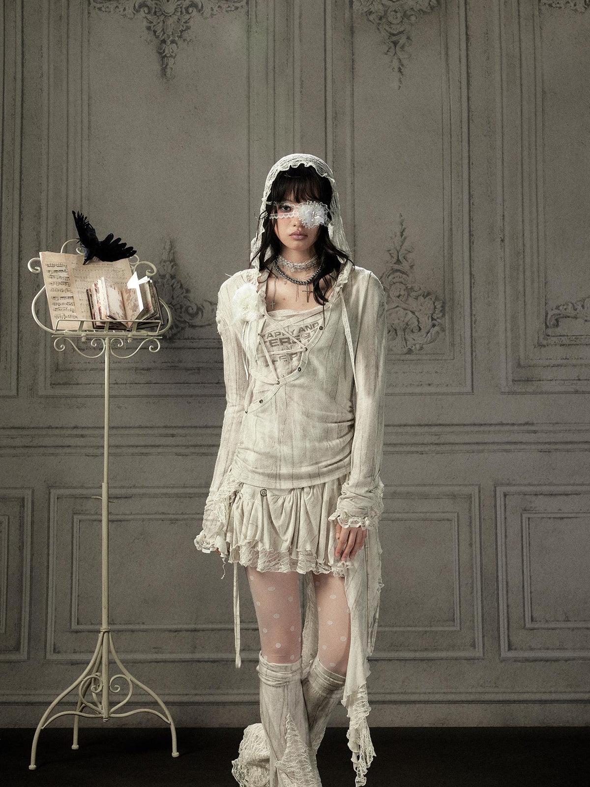 ALL iN plan Beige Lace Spliced Tie Front Women&