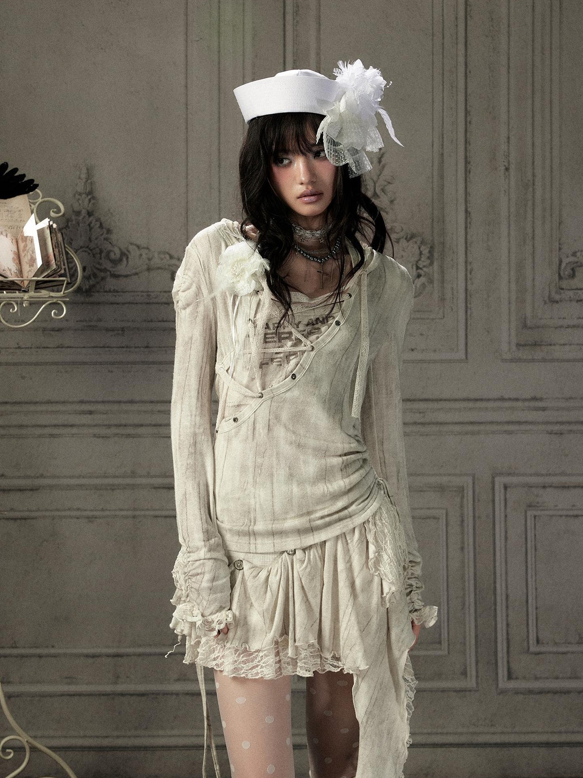 ALL iN plan Beige Lace Spliced Tie Front Women&