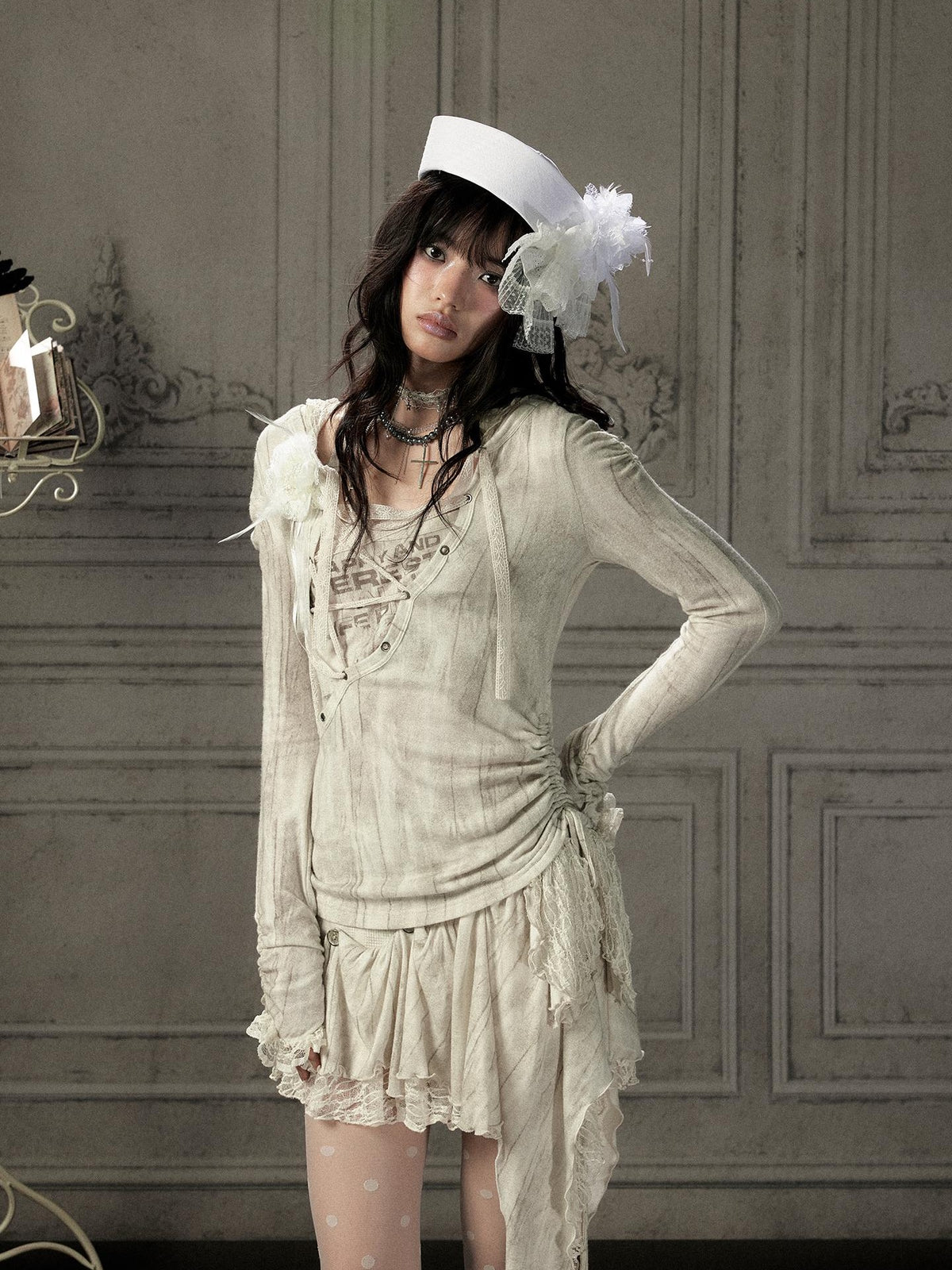 ALL iN plan Beige Lace Spliced Tie Front Women&