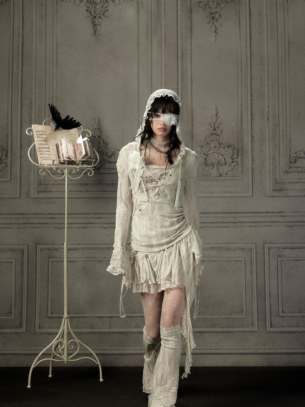 ALL iN plan Beige Lace Spliced Tie Front Women&