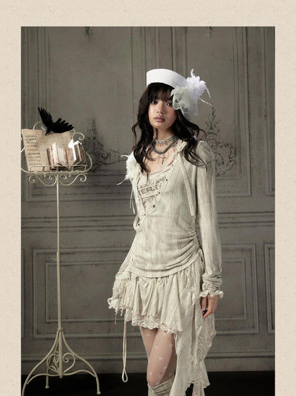 ALL iN plan Beige Lace Spliced Tie Front Women&