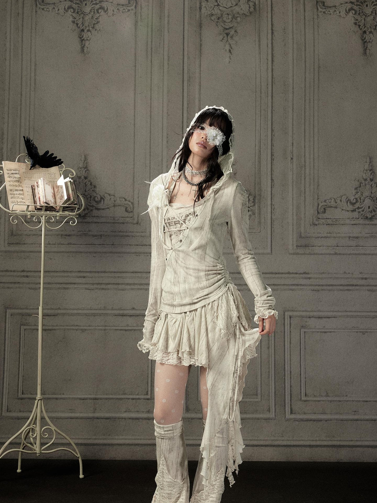 ALL iN plan Beige Lace Spliced Tie Front Women&
