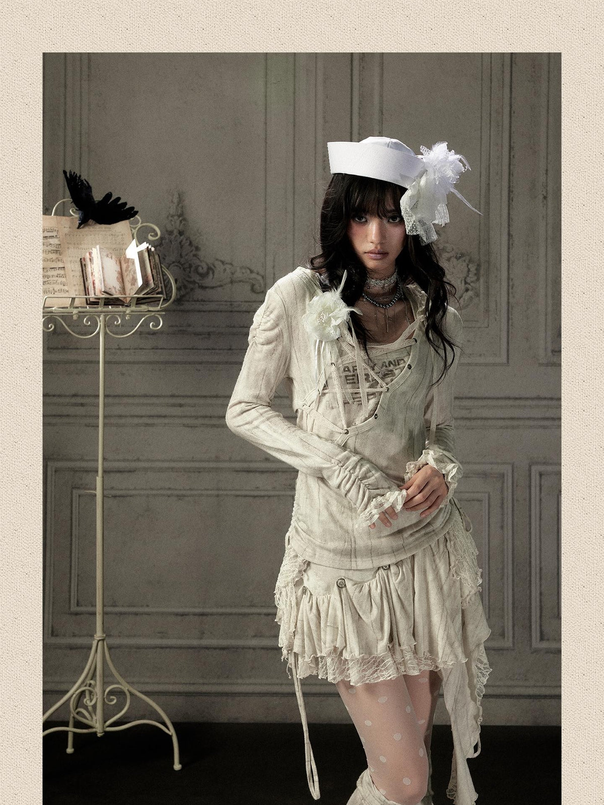 ALL iN plan Beige Lace Spliced Tie Front Women&