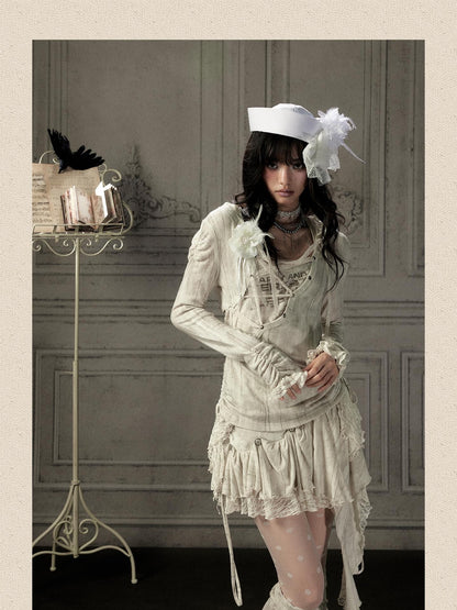 ALL iN plan Beige Lace Spliced Tie Front Women&