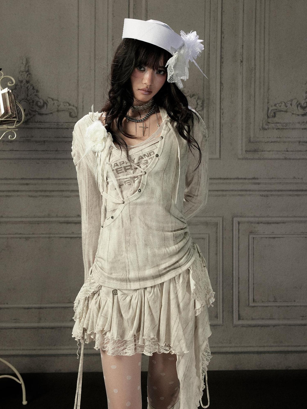 ALL iN plan Beige Lace Spliced Tie Front Women&