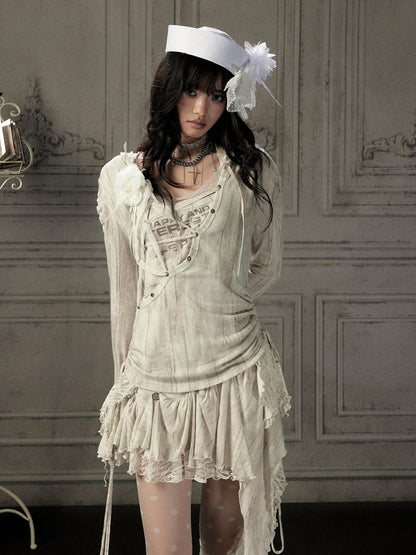 ALL iN plan Beige Lace Spliced Tie Front Women&