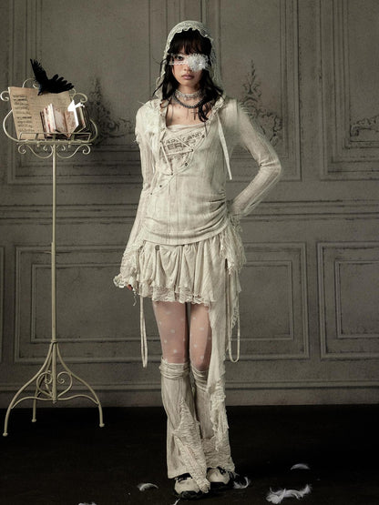 ALL iN plan Beige Lace Spliced Tie Front Women&