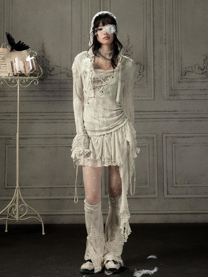 ALL iN plan Beige Lace Spliced Tie Front Women&