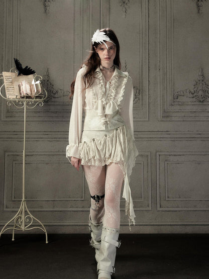 ALL iN plan Beige Ruffled Lapel Waist Cinched Women&