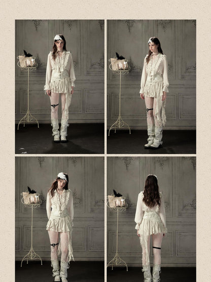 ALL iN plan Beige Ruffled Lapel Waist Cinched Women&