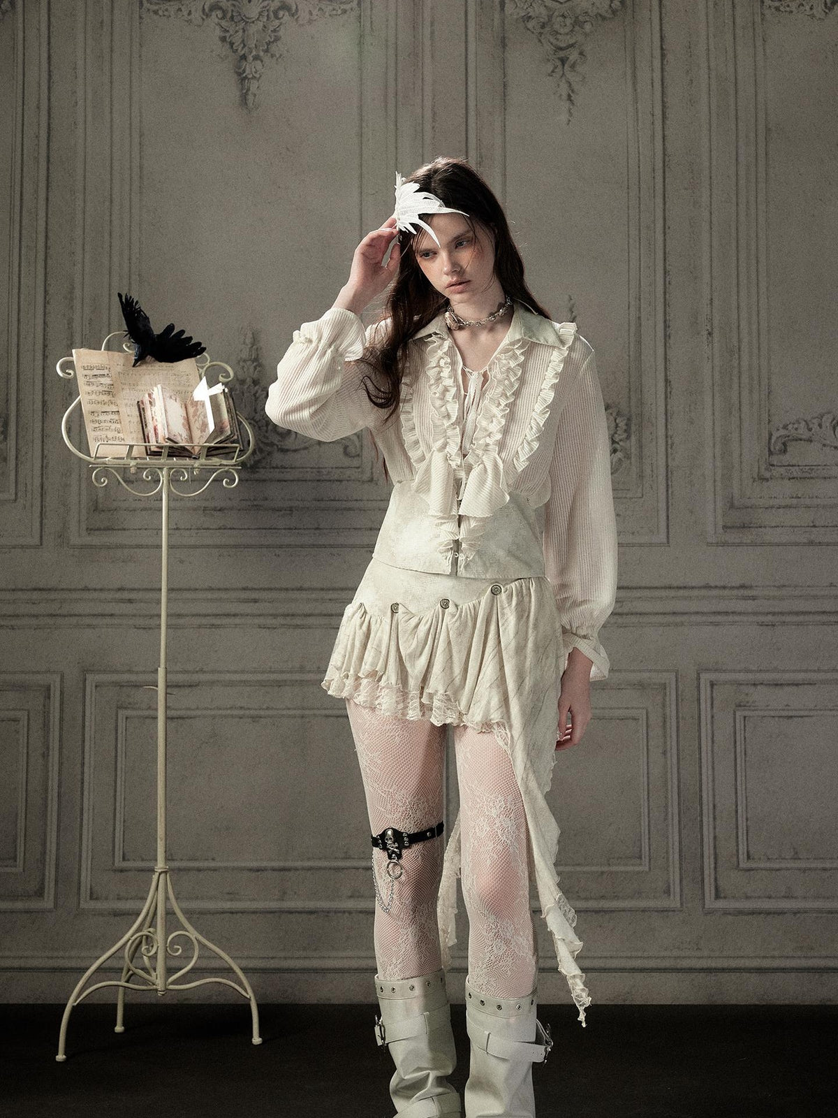 ALL iN plan Beige Ruffled Lapel Waist Cinched Women&